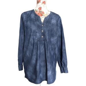 PURE JILL Sz L Medium Blue Tie-Dyed Cotton Long Sleeve Women’s Button Henley Top